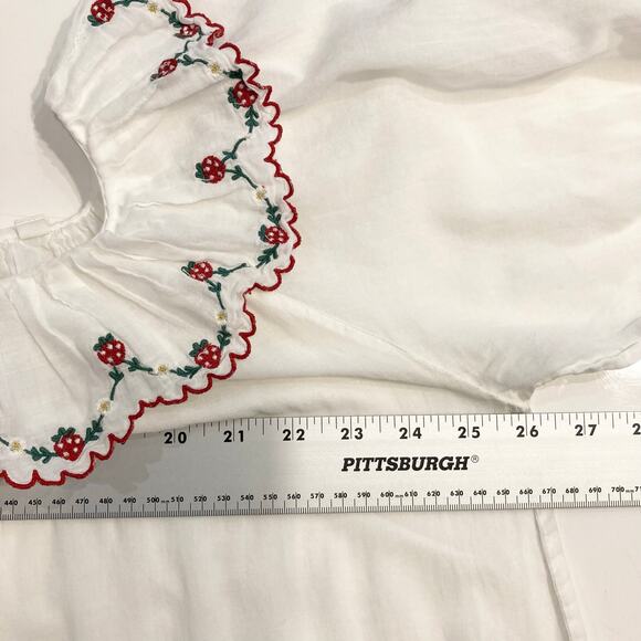 Nwot DOEN Dress XXS White Red-Strawberry Embroidery Ruffle Balloon-1/2Slv Cotton - Picture 9 of 10